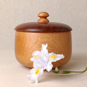 May include: A round wooden container with a light tan body and a dark brown lid featuring a small, rounded knob handle. A white iris flower with yellow accents is positioned in front of the container, showing its petals and green stem.