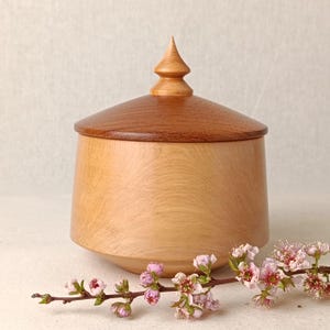 May include: A wooden lidded container with a light-toned, smooth-grained body and a darker, reddish-brown lid topped with a pointed finial. A branch with small, light pink blossoms is positioned horizontally in front of the container.