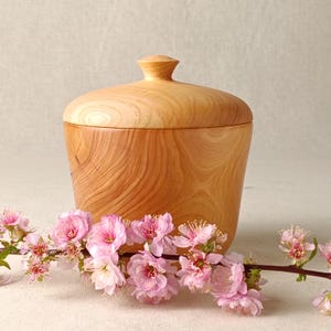 May include: A light brown wooden container with a lid and a knob. The container has a rounded shape and visible wood grain. A sprig of pink blossom flowers is placed in front of the container.