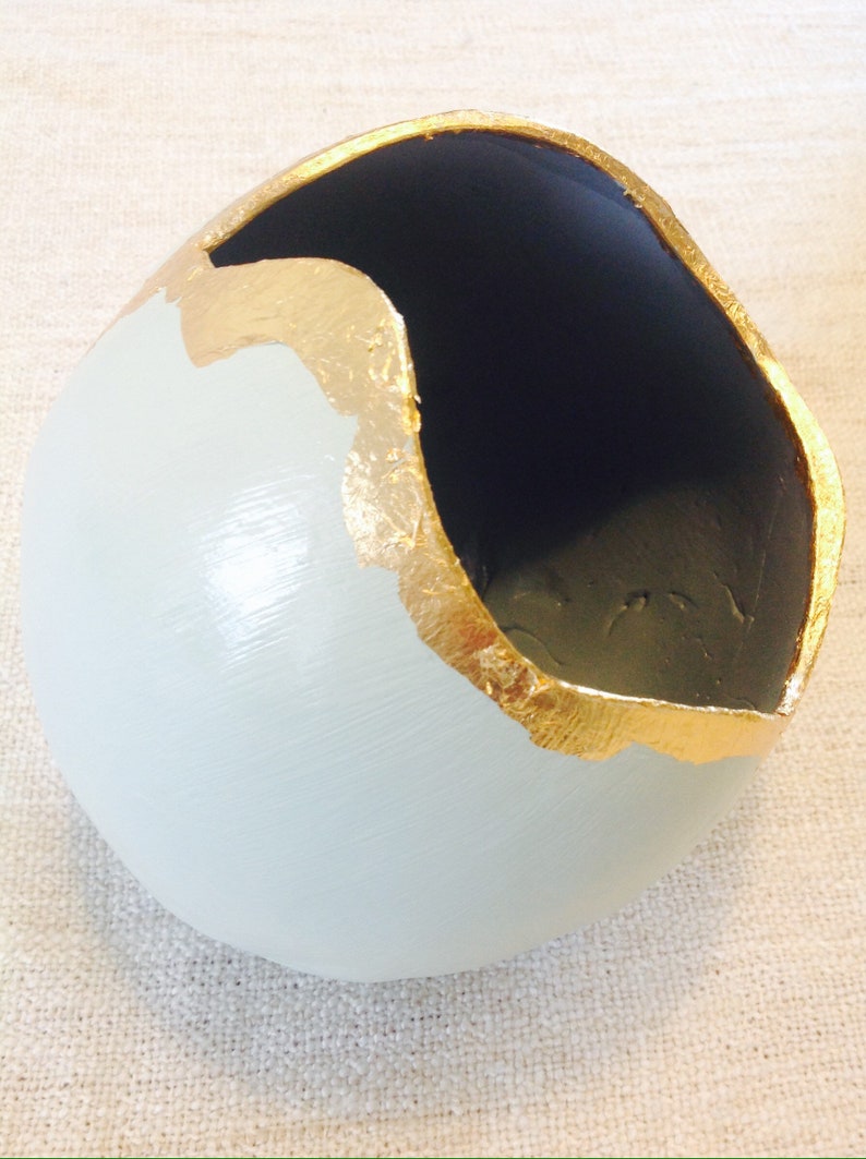 Clay Orbs with Gold Leaf large. lights,planters ornaments...tactile...grey with duck egg