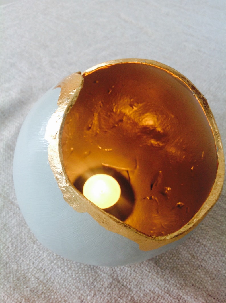 Clay Orbs with Gold Leaf large. lights,planters ornaments...tactile...grey with duck egg