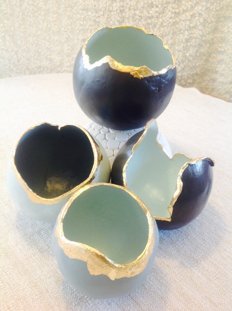 Clay Orbs with Gold Leaf large. lights,planters ornaments...tactile...grey with duck egg