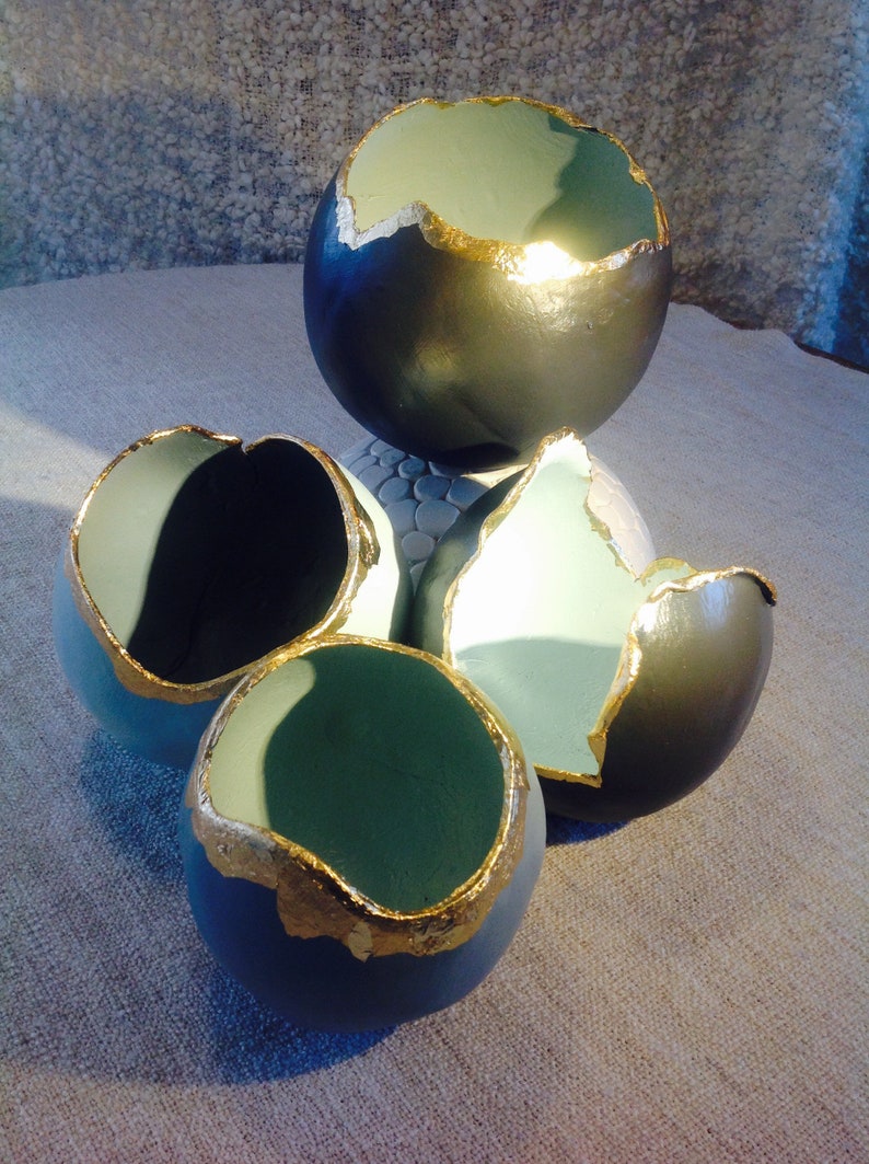 Clay Orbs with Gold Leaf large. lights,planters ornaments...tactile...grey with duck egg