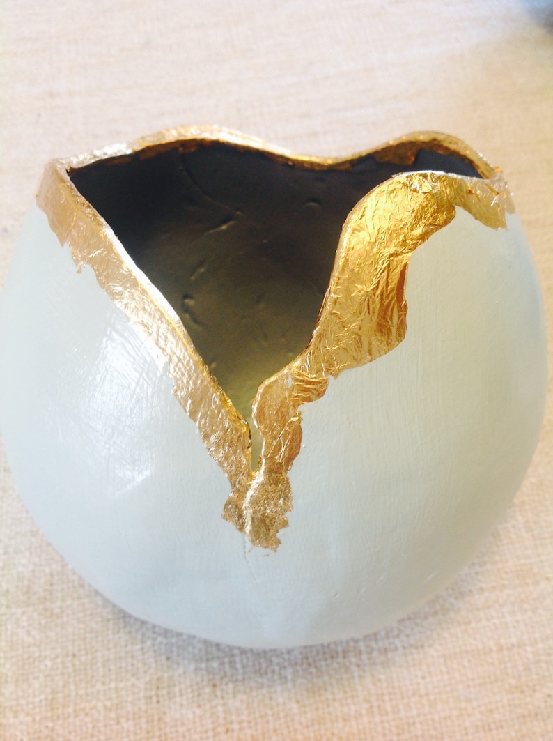 Clay Orbs with Gold Leaf large. lights,planters ornaments...tactile...grey with duck egg