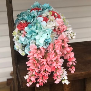 Peony coral and teal bouquet • cascading bouquet • blue bouquet • aquamarine bouquet • pink boquuet • blue bouquet • watermelon bouquet