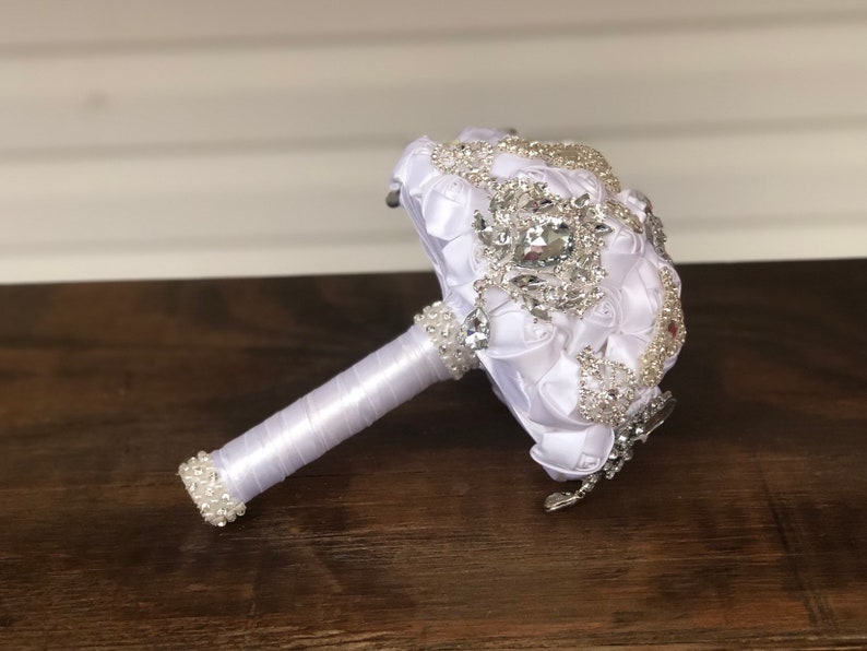 brooch bouquet\u2022 white bouquet \u2022 rose bouquet \u2022 silver boquet \u2022 bouquets \u2022 7in bouquet \u2022 wedding bouquet \u2022 bridal bouquet \u2022 white broochs