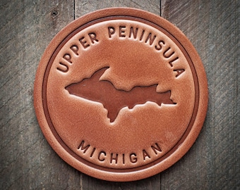 Upper Peninsula Michigan Silhouette Leather Coaster