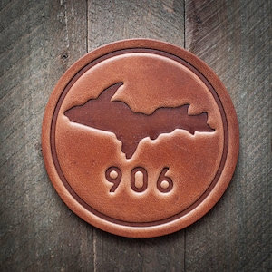 Upper Peninsula  Michigan 906 Leather Coaster