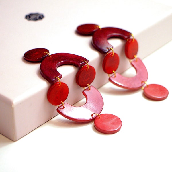 Statement-Ohrringe rosa rot / lebendige lange Ohrringe Tagua-Samen /