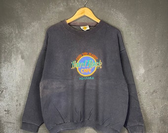 Seltener Original Vintage 90er Hard Rock Cafe Honolulu Hawaii Stickerei Sunfaded Boxy Crewneck