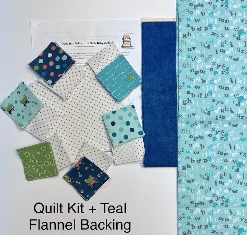 Baby boy classic Irish chain quilt kit. Patchwork quilt kit is pre-cut ready to sew from QuiltieSisterS Kit + Flannel