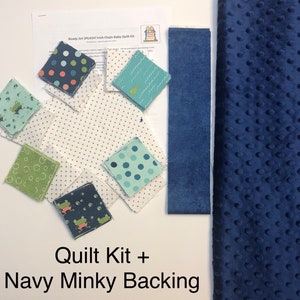 Baby boy classic Irish chain quilt kit. Patchwork quilt kit is pre-cut ready to sew from QuiltieSisterS Kit+BlueMinkyBacking