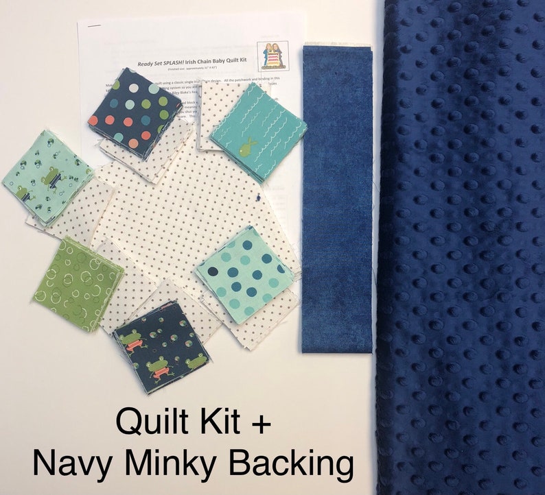 Baby boy classic Irish chain quilt kit. Patchwork quilt kit is pre-cut ready to sew from QuiltieSisterS Kit+BlueMinkyBacking
