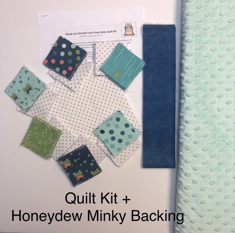 Baby boy classic Irish chain quilt kit. Patchwork quilt kit is pre-cut ready to sew from QuiltieSisterS Kit + Honeydew Minky