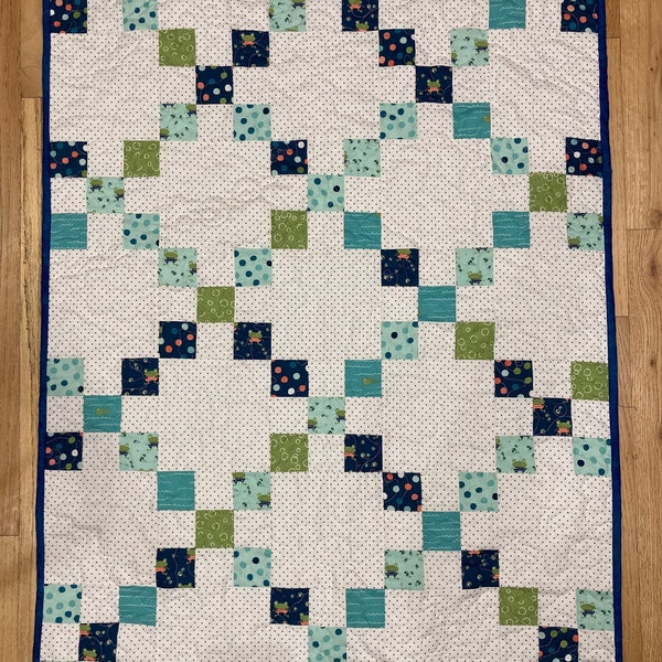 Baby boy classic Irish chain quilt kit.  Patchwork quilt kit is pre-cut ready to sew from QuiltieSisterS