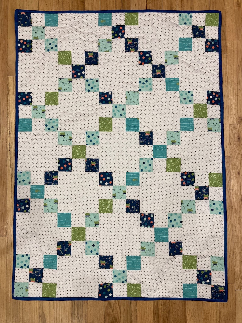 Baby boy classic Irish chain quilt kit. Patchwork quilt kit is pre-cut ready to sew from QuiltieSisterS image 1