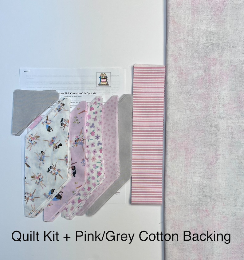 Pink Baby Girl Quilt Kit from QuiltieSisterS. Tiny Dancer quilt kit, everything is pre-cut, ready for you to sew Kit+Pink/GreyCotBack