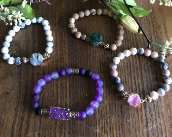 druzy bracelet, stretch bracelet, beads