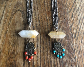 necklace, bohemian jewelry, boho style, quartz necklace, hamsa jewelry