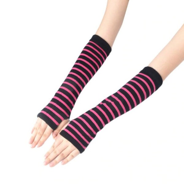 Fall/Winter Long Arm Fingerless Mitten Striped Knitted Elbow Hand Gloves One Size