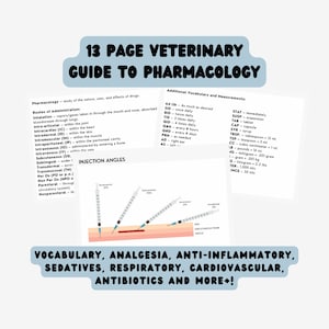 May include: A veterinary pharmacology guide with the title "13 Page Veterinary Guide to Pharmacology." The image includes diagrams of injection angles, vocabulary, and measurement definitions. Keywords: pharmacology, veterinary, guide.