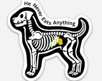 Funny Vet Tech Sticker, "He Never Eats Anything" Design