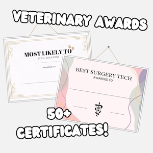 May include: Two certificates with gold and white borders. The top certificate is white with gold lettering and says "Most Likely To Steal Your Pens". The bottom certificate is pink with gold and grey swirls and says "Best Surgery Tech". Both certificates have a line for a name and say "Awarded To".