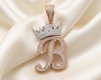 Moissanite Diamond B Initial Letter Pendant Necklace, Iced Out Alphabet Charm, 925 Sterling Silver 14k Rose Gold Plated Hip Hop Jewelry