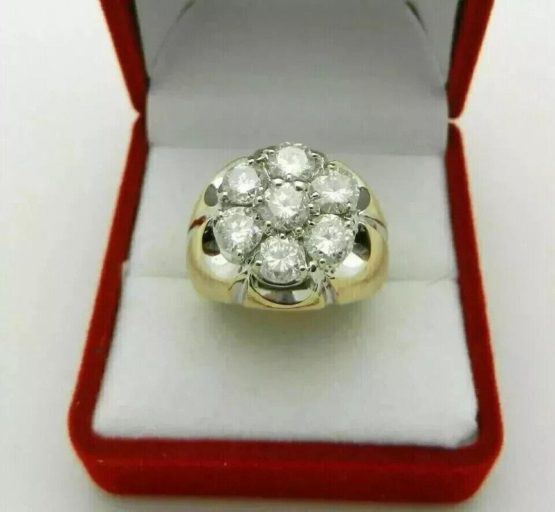 3ct Round Cut Real Moissanite Cluster Wedding Ring Mens 14K Yellow Gold ...
