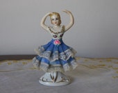 Antique German fine porcelain ballerina statuette, with blue laced skirt . Dresden lace porcelain. Vintage figurine, 1950s