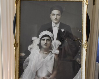 marco art deco con foto, antiguo, 1920-30, marco de madera con tallas de yeso, foto de boda antigua. arte de la pared de la vendimia.