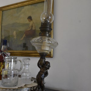 Antique oil lamp, large size, 64 cm/25.1&quot;,marble, metal, glass, bronze oil lamp, sculptured base, angel statuette holding the lamp. 1900-10