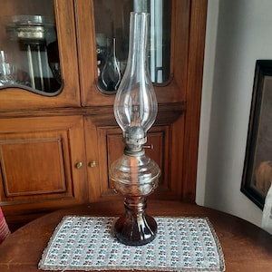 Oil lamp, vintage, decorative - carved glass base and glass  chimney with burner.  50 cm/ 19.6&quot; , total height,  1950s