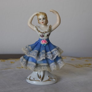 Antique German fine porcelain ballerina statuette, with blue laced skirt . Dresden lace porcelain. Vintage figurine,  1950s