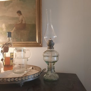 Antique oil/ kerosene , vintage  lamp, glass base with glass chimney,  burner and wick and 1940s art deco style,Height : 19.6&quot;