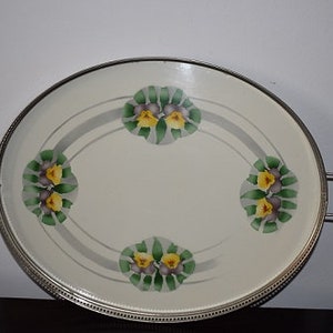 Art deco serving tray, footed tray , bakelite, metal, 1930-40, large size, oval shape, length total 19.6&quot;.9.6- 50X34 cm.
