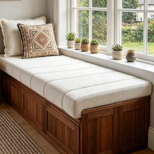 May include: A wooden window bench with a cream-coloured tufted cushion, featuring a large cream pillow and a smaller square pillow with a geometric brown and orange pattern. Six small potted succulent plants are lined up along the window sill.