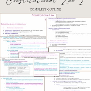 May include: A handwritten outline of Constitutional Law 1, with headings and subheadings in black ink on a white background. The text includes sections on historical background, executive branch, and exceptions to the commerce clause. The document appears to be a study guide or reference material.