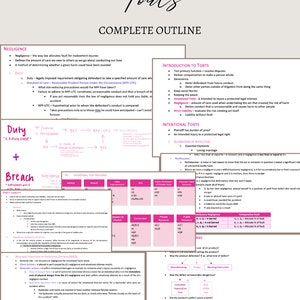 May include: A detailed outline of the legal concept of torts, including definitions of negligence, duty, breach, and intentional torts. The outline includes a flowchart for determining duty and a table outlining different types of torts.