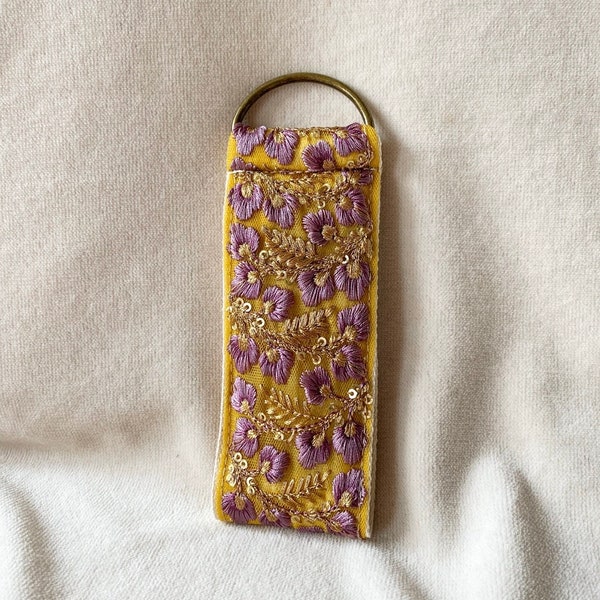 Handmade embroidery keychain - gift for new house, car, appartment -wristlet strap flower silk - stocking filler, new driver wife