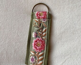 Handmade keychain - gift bohemian indian embroidery- evergreen new apartment gifting - secret santa gift - fabric charm - keyring dangle