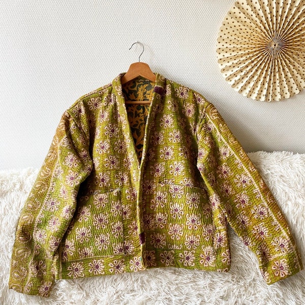 Vintage Reversable Kantha Jacket Green purple spring festival jacket