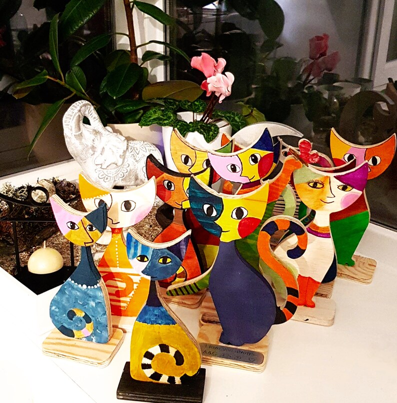 Painted Cat Cat Ornament Gift for Cat Lover Cat Statue Whimsical Wood Painted Cat Cat Figurine Nursery Decor Unique Gift Anniversary