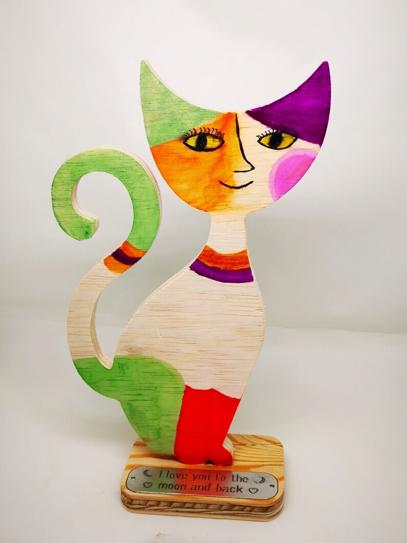 Painted Cat Cat Ornament Gift for Cat Lover Cat Statue Whimsical Wood Painted Cat Cat Figurine Nursery Decor Unique Gift Anniversary
