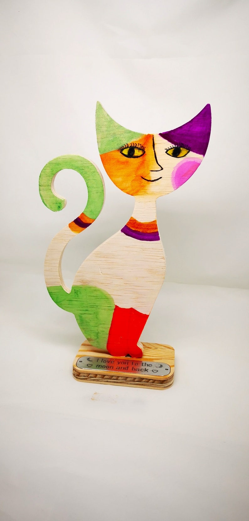 Painted Cat Cat Ornament Gift for Cat Lover Cat Statue Whimsical Wood Painted Cat Cat Figurine Nursery Decor Unique Gift Anniversary