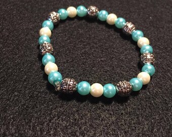 Blue-white Color Pearl-crystal Wide Beadwork Bracelet - Etsy