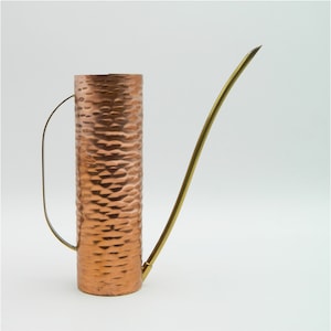 May include: A copper watering can with a hammered texture and a brass spout. The can has a handle and is designed for watering plants.