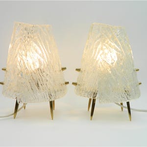 Pair of table lamps with ice glass shade and brass frame by J. T. Kalmar Vienna