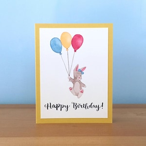 Tarjeta de cumpleaños de conejito, tarjeta de felicitación hecha a mano, tarjeta de cumpleaños de acuarela, ilustración de conejito, tarjeta de conejo de acuarela, feliz cumpleaños