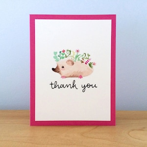 Tarjeta de agradecimiento de erizo, tarjeta de felicitación hecha a mano, tarjeta de agradecimiento de acuarela, ilustración de erizo, tarjeta de acuarela floral